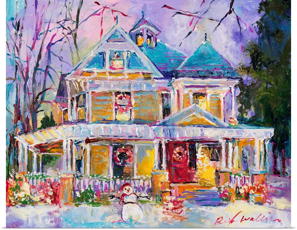 Colorful abstract painting of a snow covered house decorated for Christmas with a snowman in the front yard.
