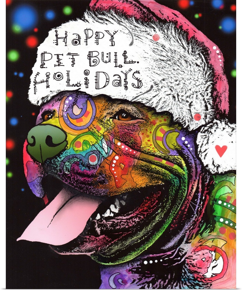 "Happy Pit Bull Holidays" handwritten on a Santa hat that a happy pit bull covered in different colors and abstract design...