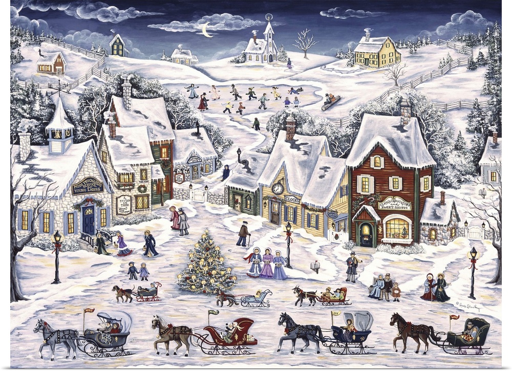 Winter christmas village scene, horses with sleigh carriages, christmas trees, carolers, houses etc.