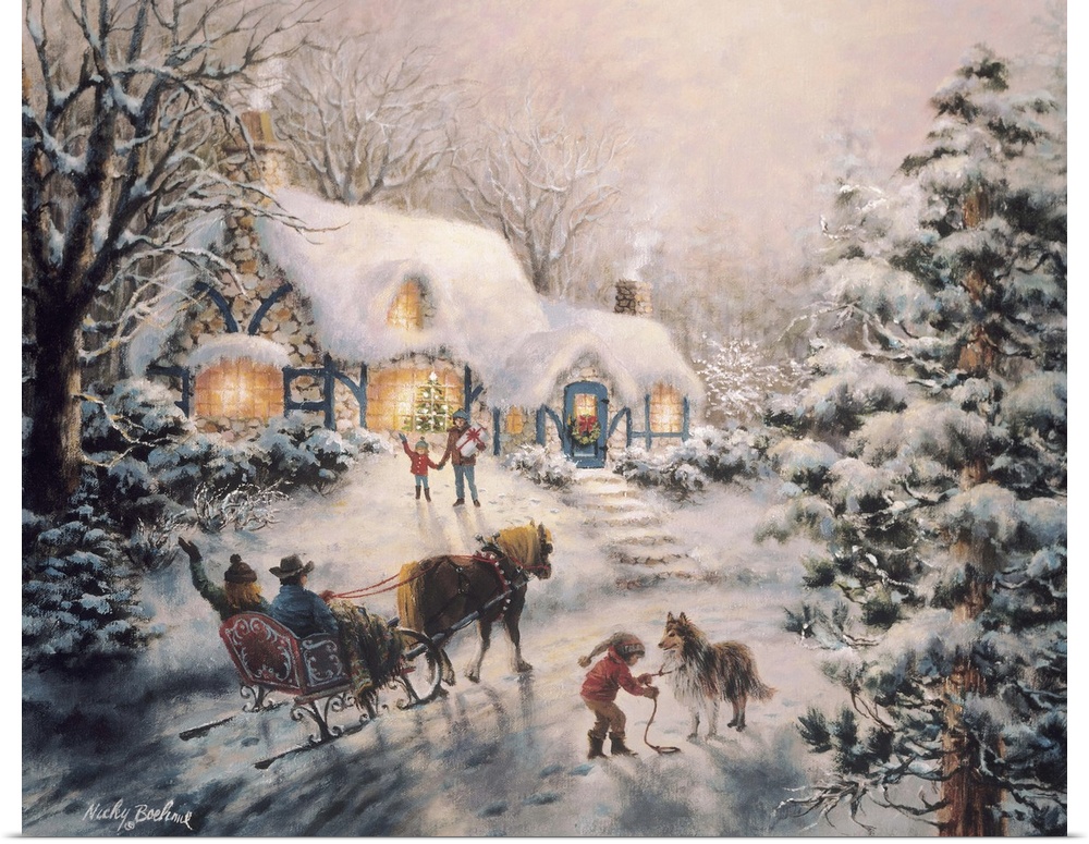 Painting of a snow-covered cottage with a horse-drawn sleigh outside. Product is a painting reproduction only, and does no...