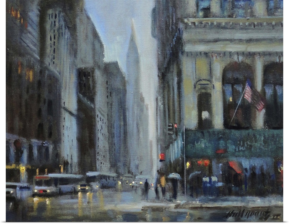 Contemporary painting of a bustling Manhattan street, with the Chrysler building in the distance.