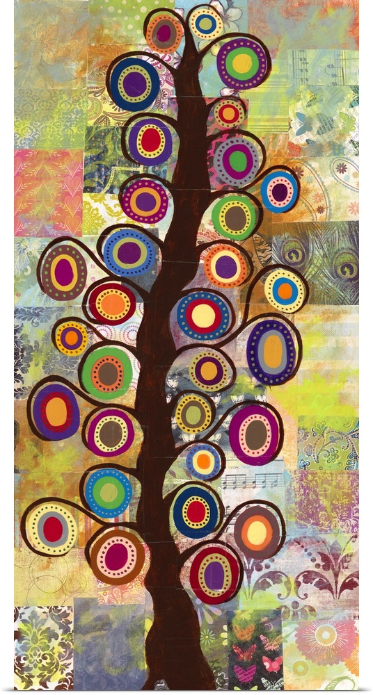 Contemporary folk art painting of a tree with curled branches and round flowers on a patchwork-style background.