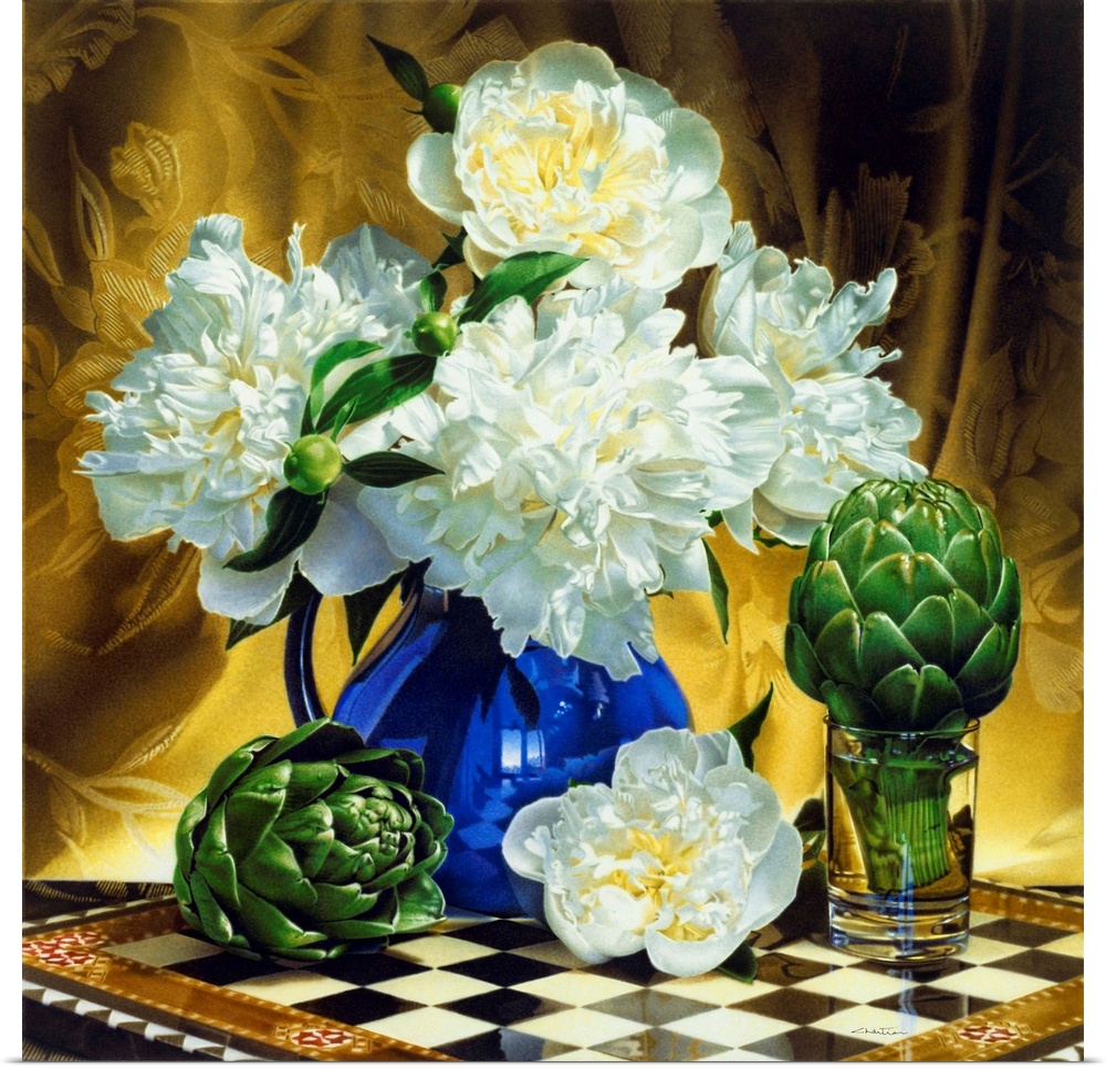 Contemporary vivid realistic still-life painting of white flowers in a blue vase with artichoke heads sitting on a chess b...
