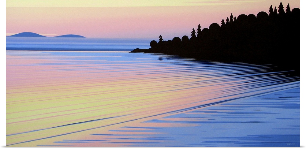 Contemporary painting a sunset illuminated coast with silhouetted trees.