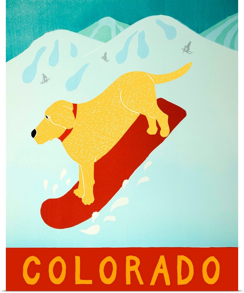 Illustration of a yellow lab going down the slopes in Colorado on a red snowboard.