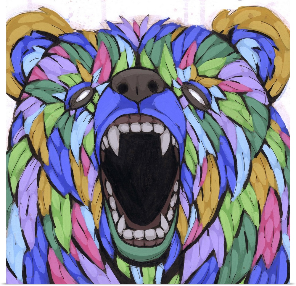Pop art painting of a growling bear, appearing to be made of leaves.