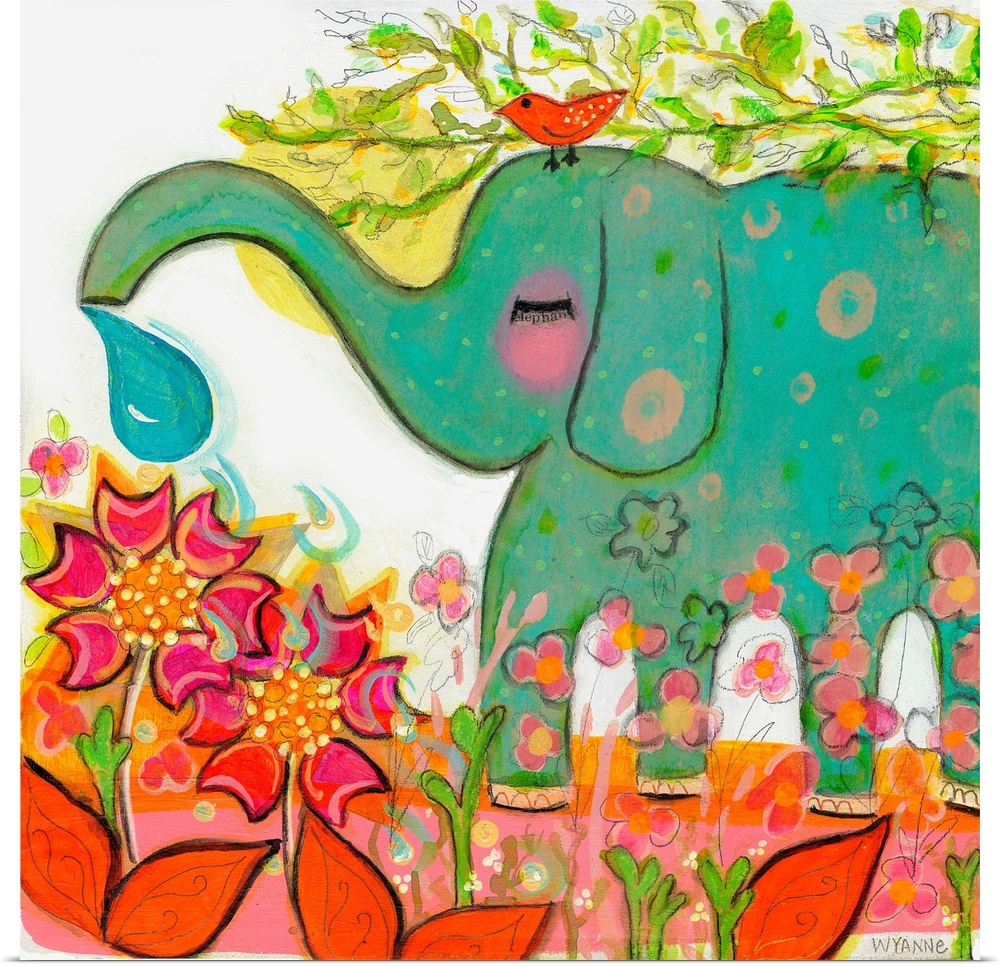 A green elephant watering a garden, with a small bird on its head.