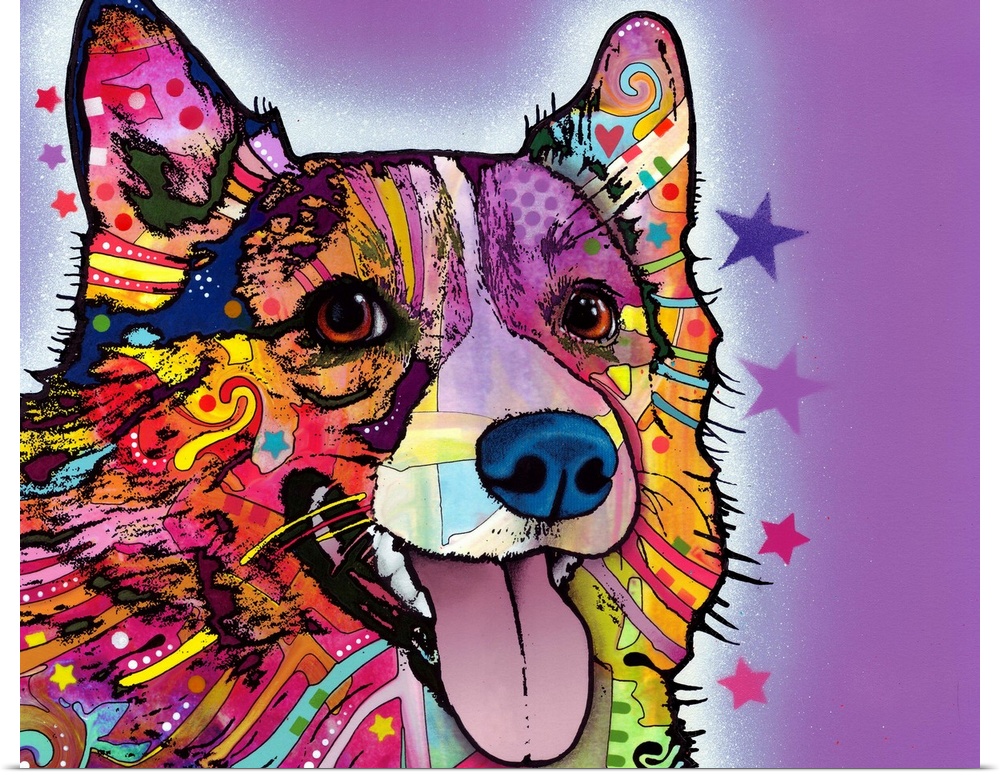 Large, horizontal canvas art of a corgi dog made up of colorful graffiti and various shapes on a bright background.