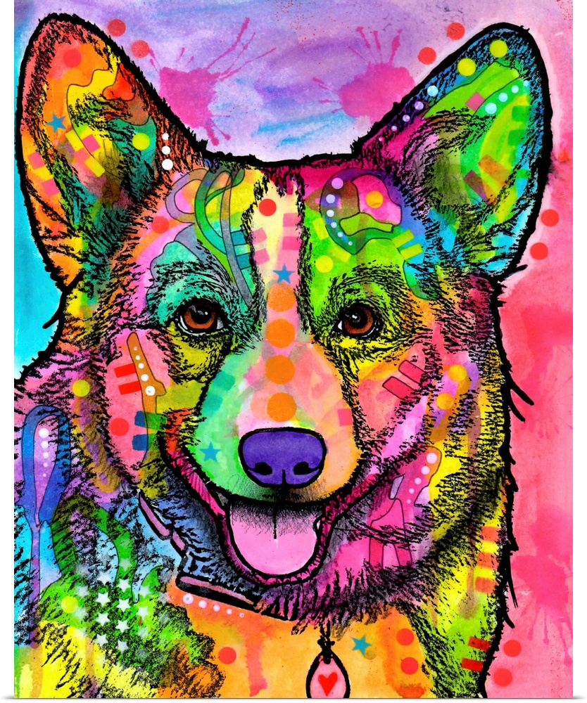 Painting of a Corgi in bright vibrant colors with designs all over.