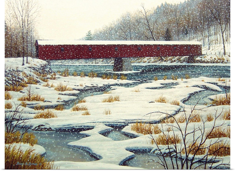 Contemporary artwork of a covered bridge over a stream in winter time.
