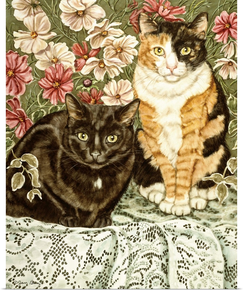 Painting of two cats on a lacy tablecloth on a table with some flowers.