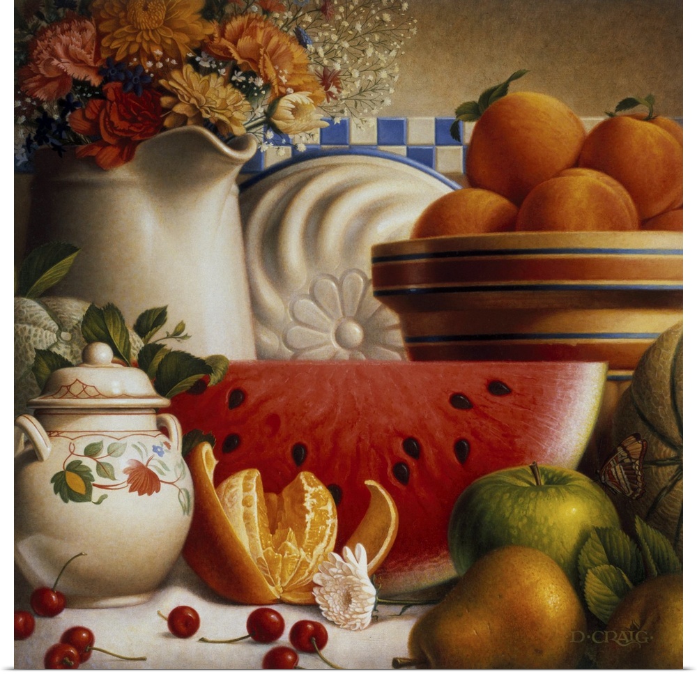 Pitcher of flowers, bowl of peaches and some watermelon and other fruit on a table.
