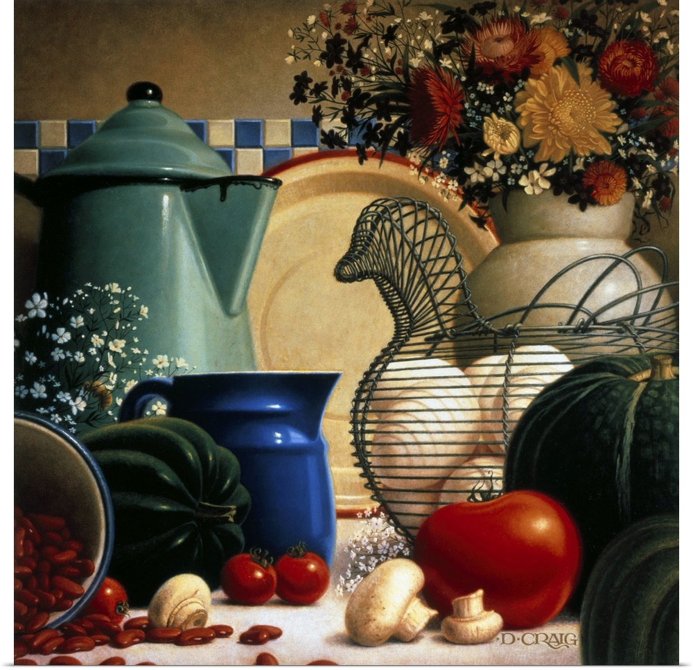A still life depicting various kitchen items, including a hen-shaped basket for eggs, a coffee pitcher, a plate, a smaller...