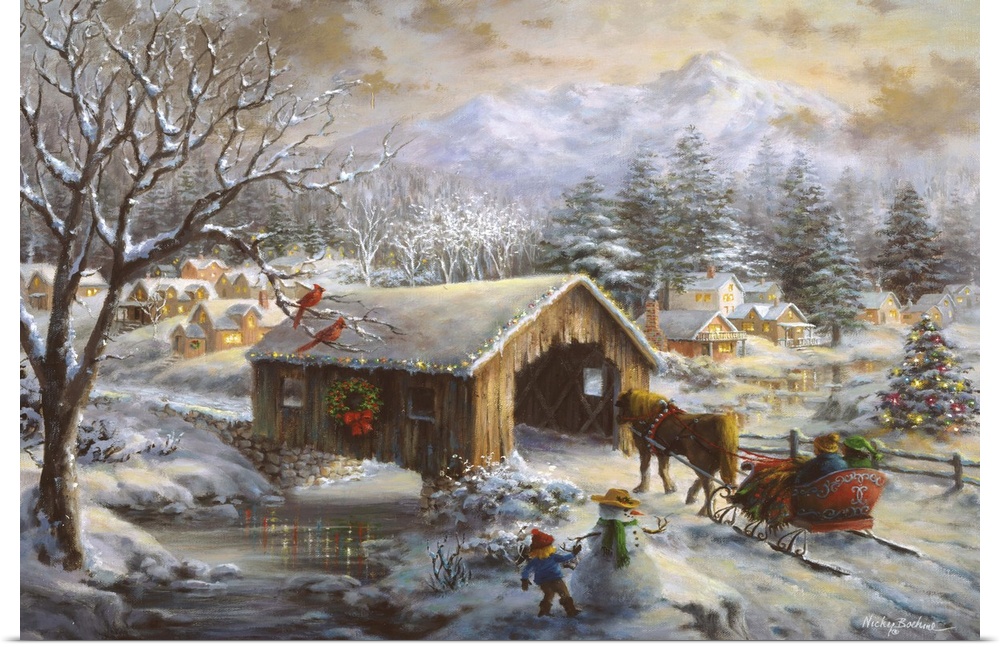 Painting of village scene featuring a large Christmas tree. Product is a painting reproduction only, and does not contain ...