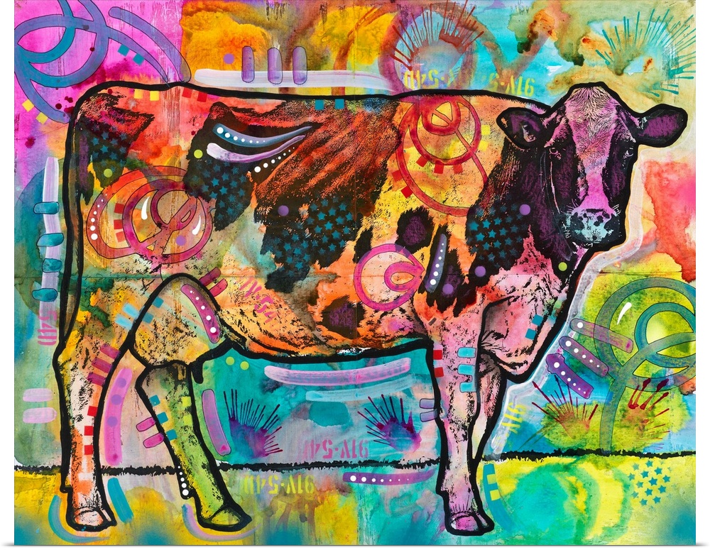 Colorful painting of a cow looking straight at you with abstract designs all over.