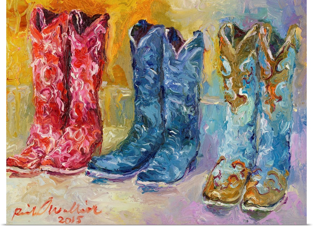 Colorful abstract painting of three pairs of cowboy boots.