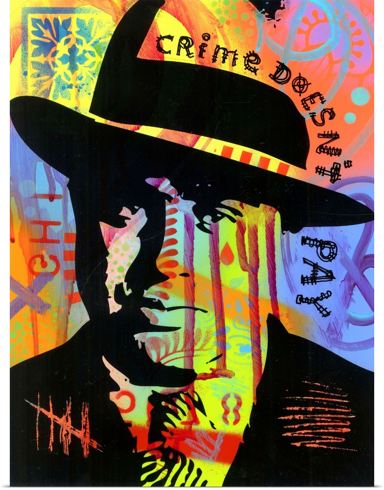 Pop art style illustration of Al Capone on a colorful graffiti background with "Crime Doesn't Pay" handwritten along the s...