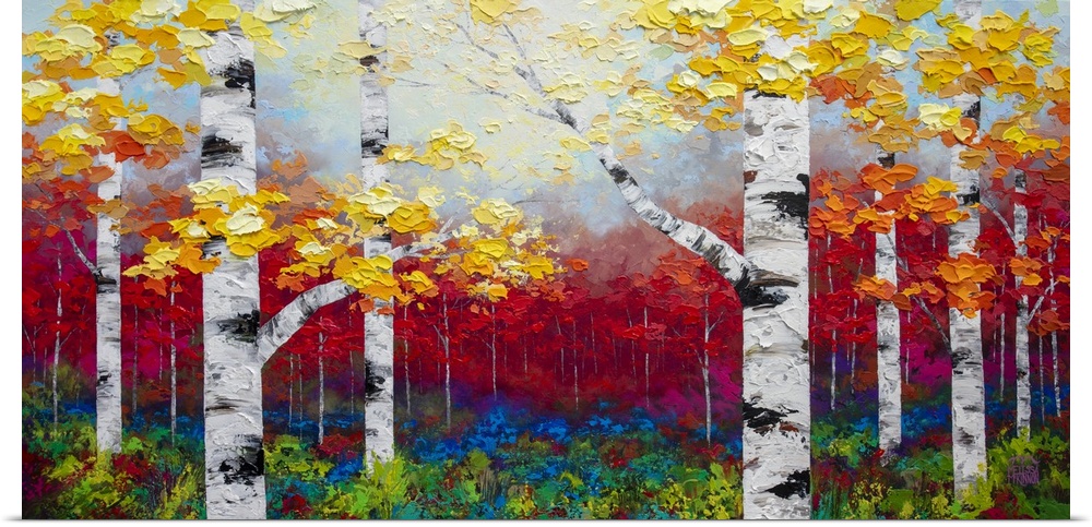 Fine art painting of birch trees and aspen trees in autumn forest by contemporary artist abstract landscape painter Meliss...