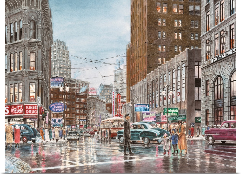 Contemporary painting of a bustling city street crossing.