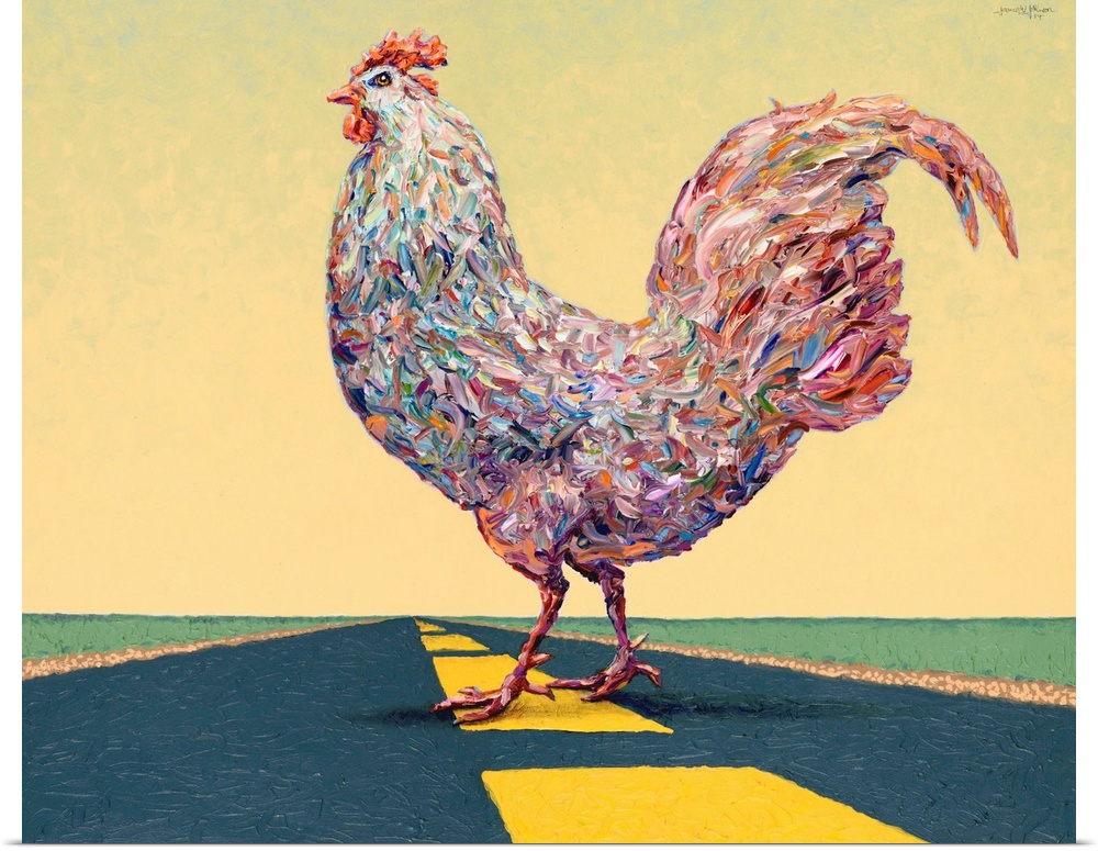 Artwork of a chicken walking across street.