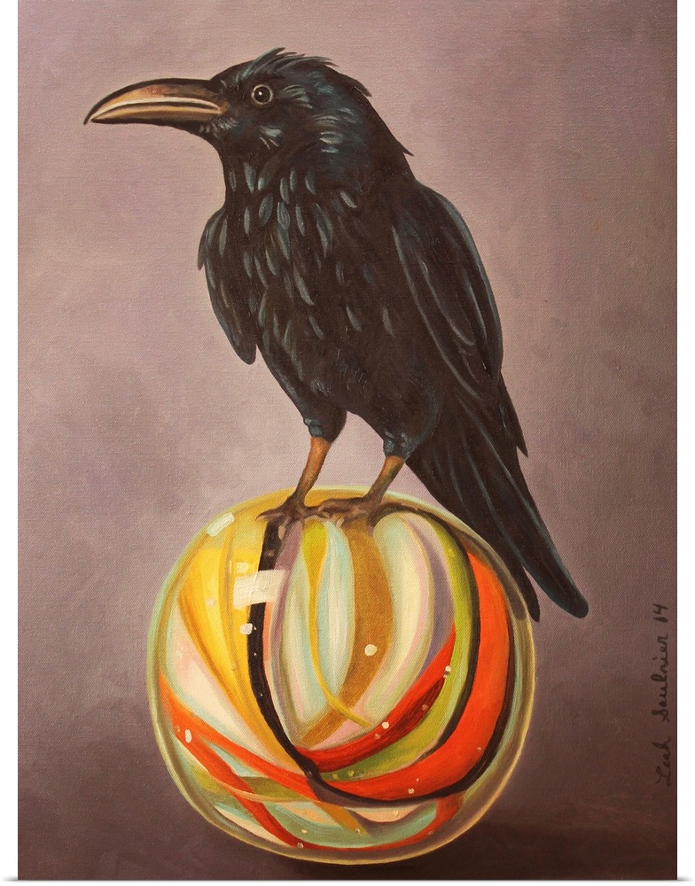 Surrealist painting of a raven sitting atop a glass marble.