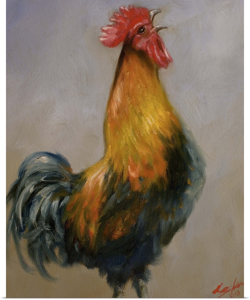 Contemporary painting of a colorful rooster crowing.
