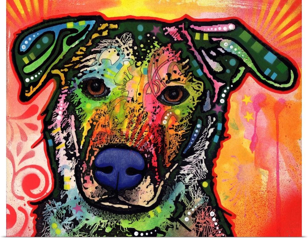 Pop art style painting of a colorful dog with abstract markings on a warm red, pink, yellow, and orange background with de...