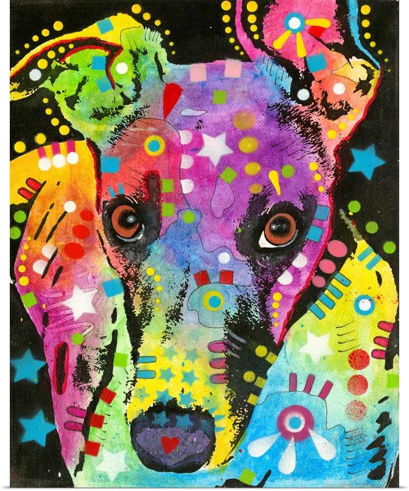 Colorful painting of a Greyhound with geometric abstract markings on a black background with stars and circles.