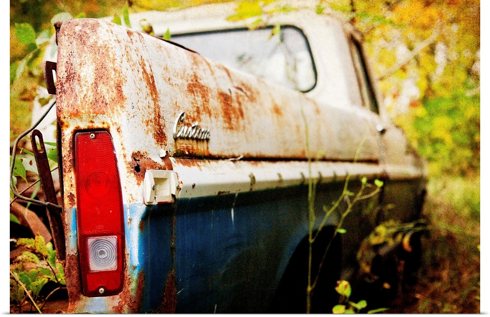 Photograph of a derelict truck in the woods.