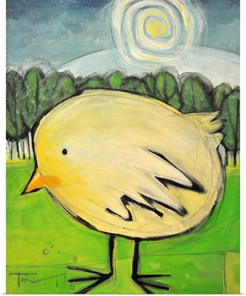 Large painting of a baby bird on canvas with a sun shining and a forest of trees behind him.