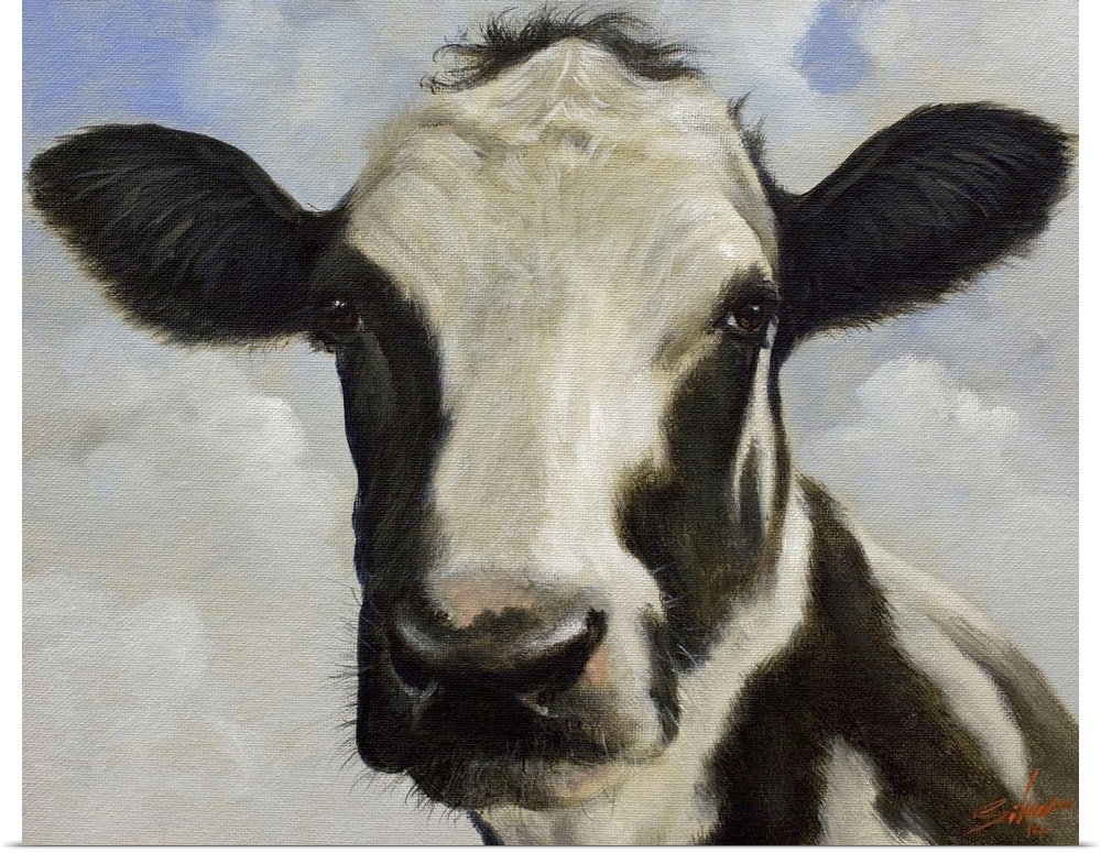Contemporary painting of a black and white cow.