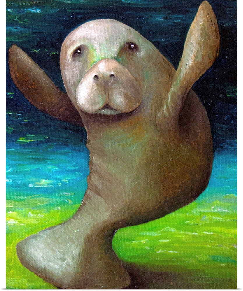 Surrealist painting of a manatee dancing.