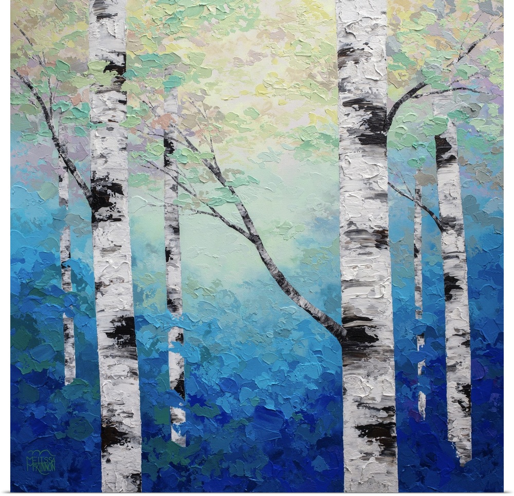 Ethereal blue forest landscape painting of aspen trees and birch trees in sunlight Giclee art print on canvas by contempor...