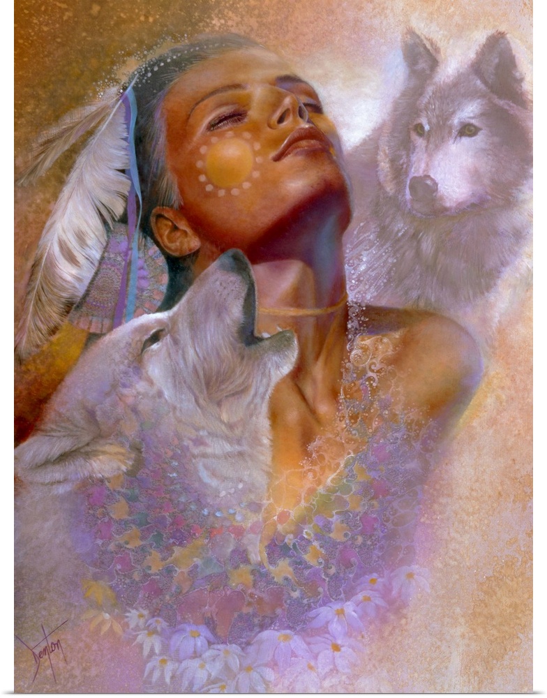 A contemporary painting of a Native American woman with her head and surrounded by wolf portraits.