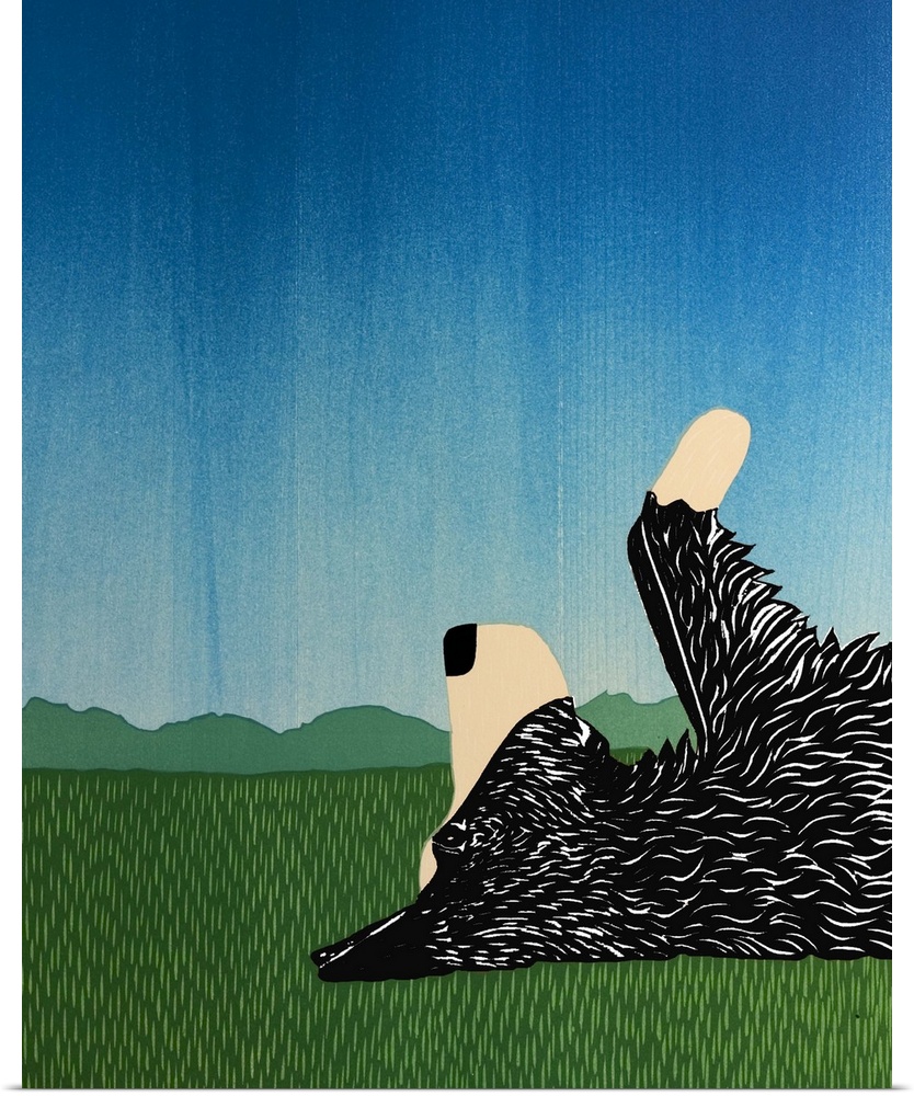 Illustration of a border collie laying on its back on green grass with its paws in the air.