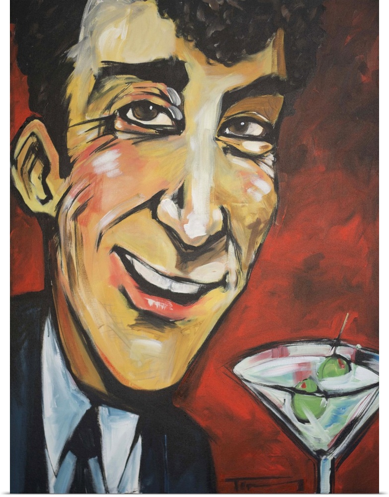 Contemporary portrait of Rat Pack singer Dean Martin with a martini.