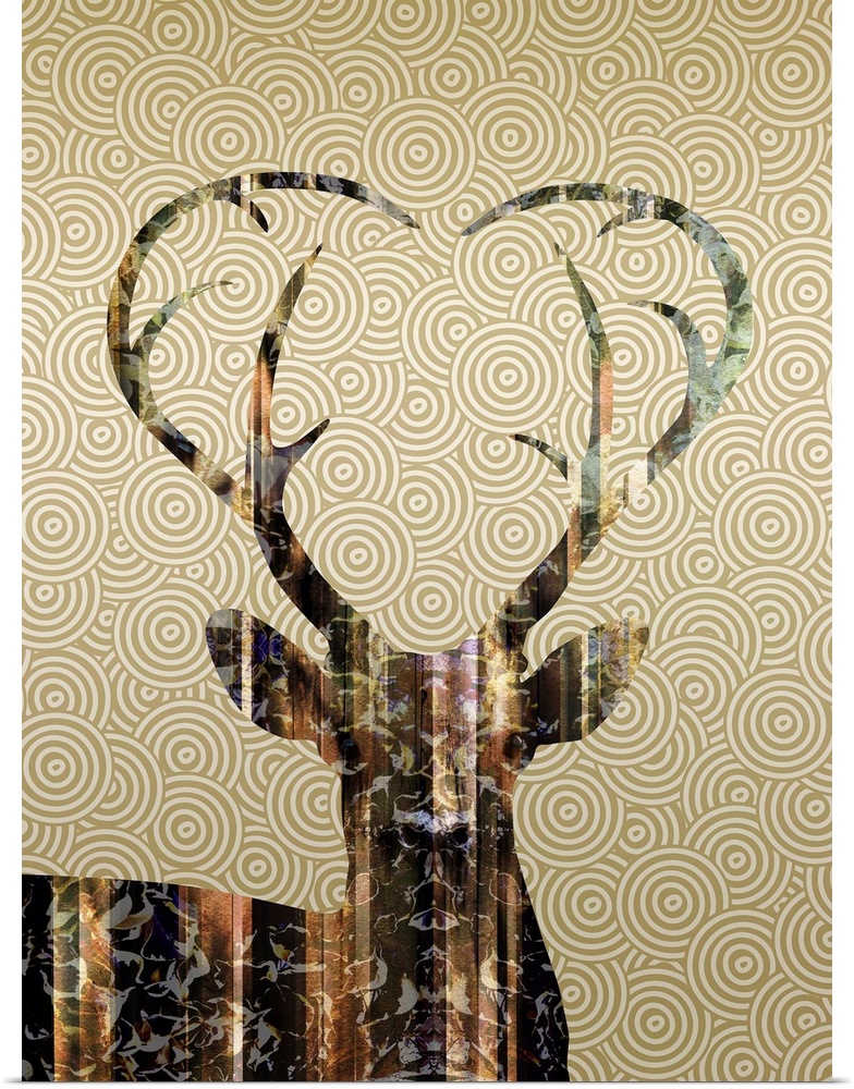 Contemporary artwork of a patterned stag deer, with curved antlers, against a patterned background in a neutral tone.
