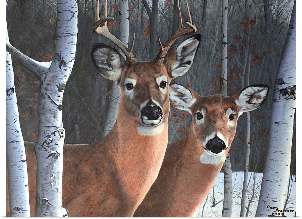 Contemporary painting of a deer couple standing beside a tree in a forest in winter.
