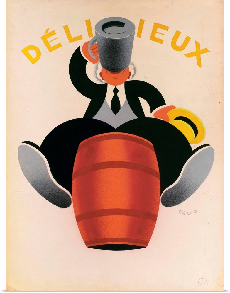 Vintage advertisement artwork of a characterized man wearing a suit and drink beer from a mug while atop a barrel.