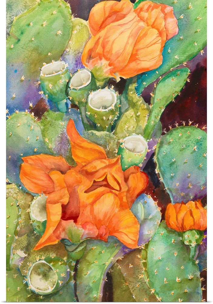 Colorful contemporary painting of desert cactus flowers.