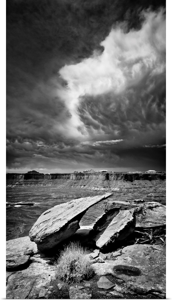 Desert, mountains, clouds, black and white photography