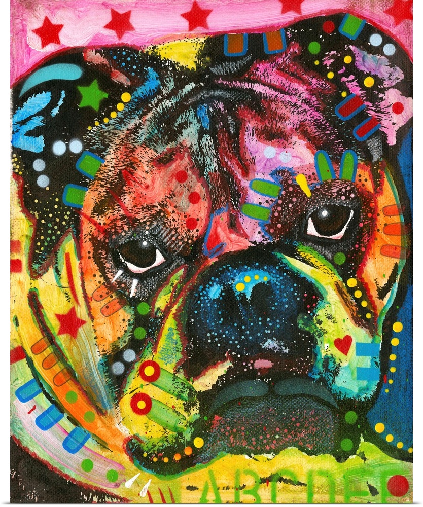 Contemporary painting of a colorful bulldog with graffiti-like markings.