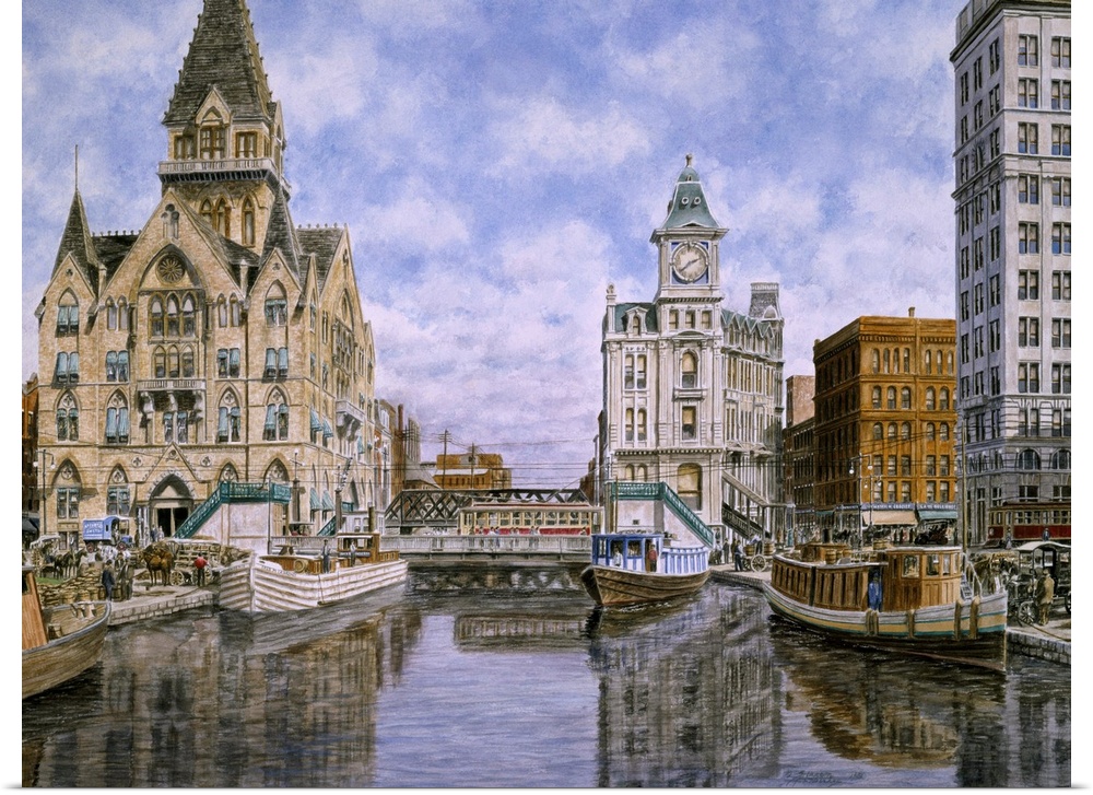 Contemporary painting of a river cutting through a city.