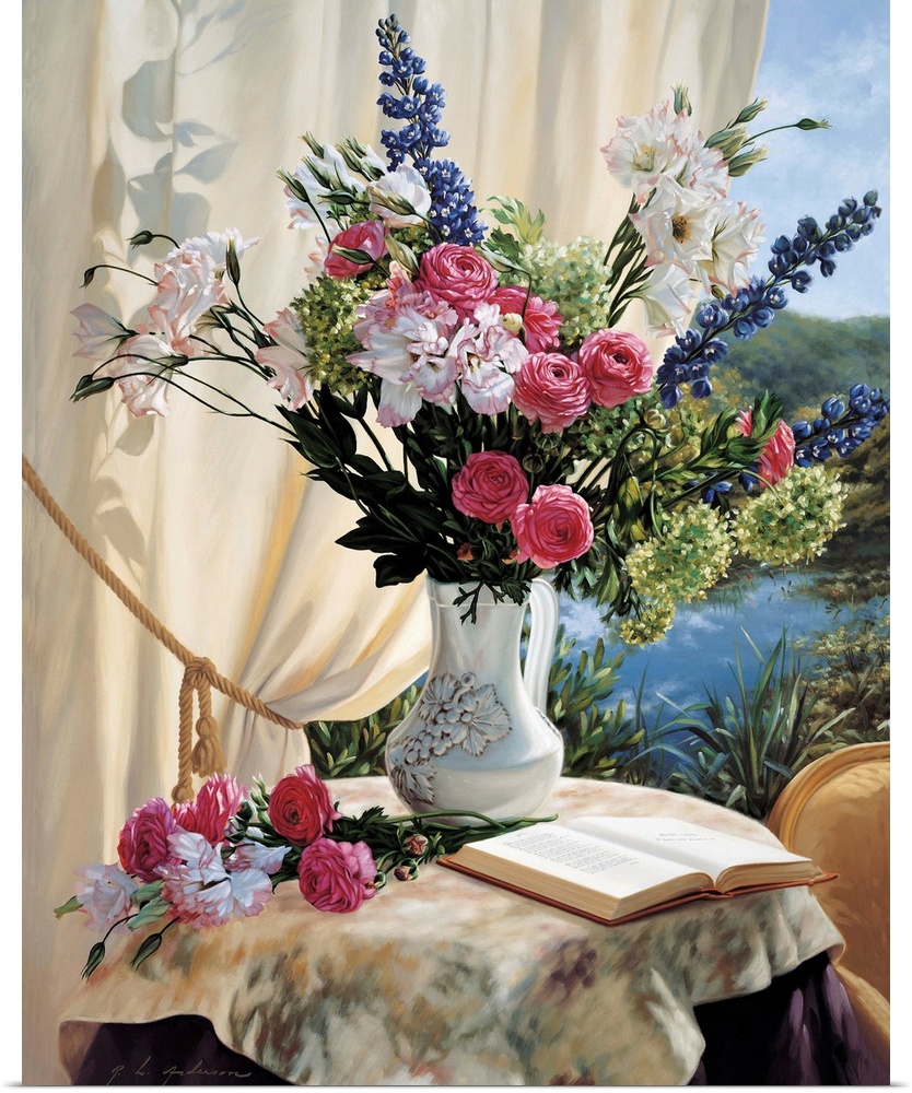 Pink roses or peonies in a bouquet with other flowers in a vase on a table by a window with a book open overlooking water.