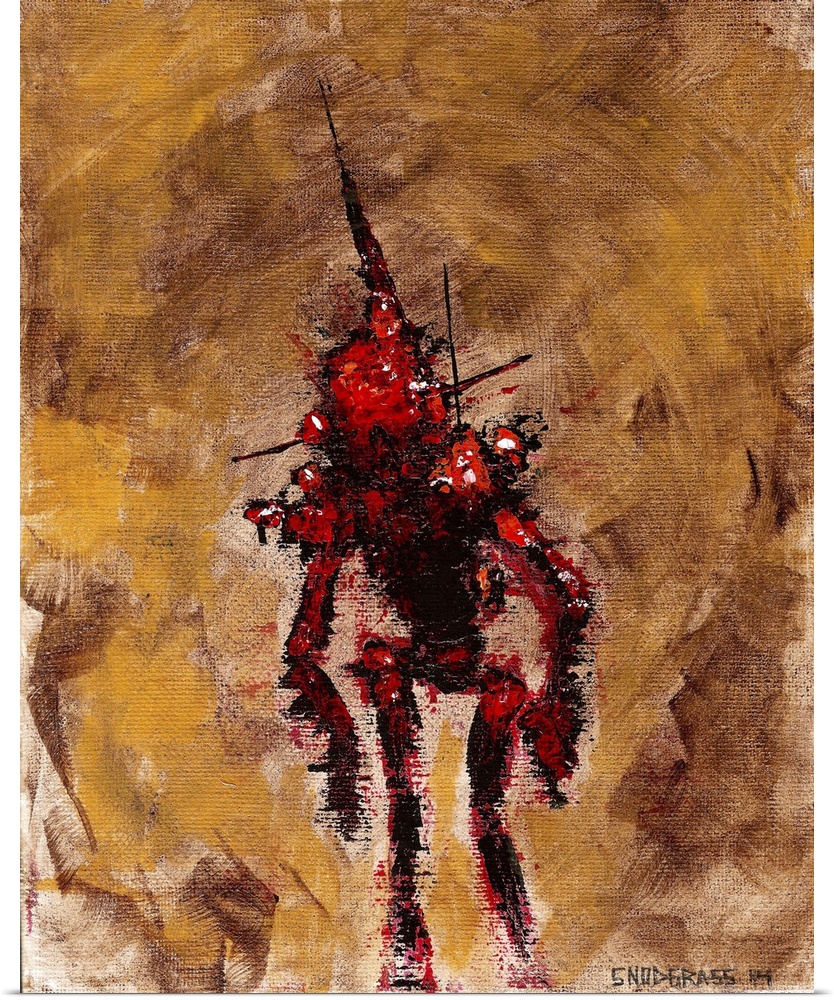 Illustration of a worn down red robot on brown.