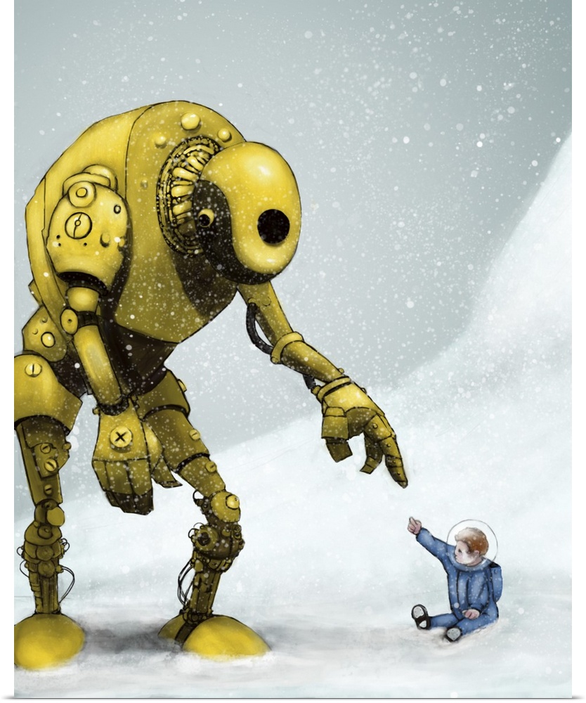 Illustration of a large yellow robot reaching for an explorer in a blue suit.