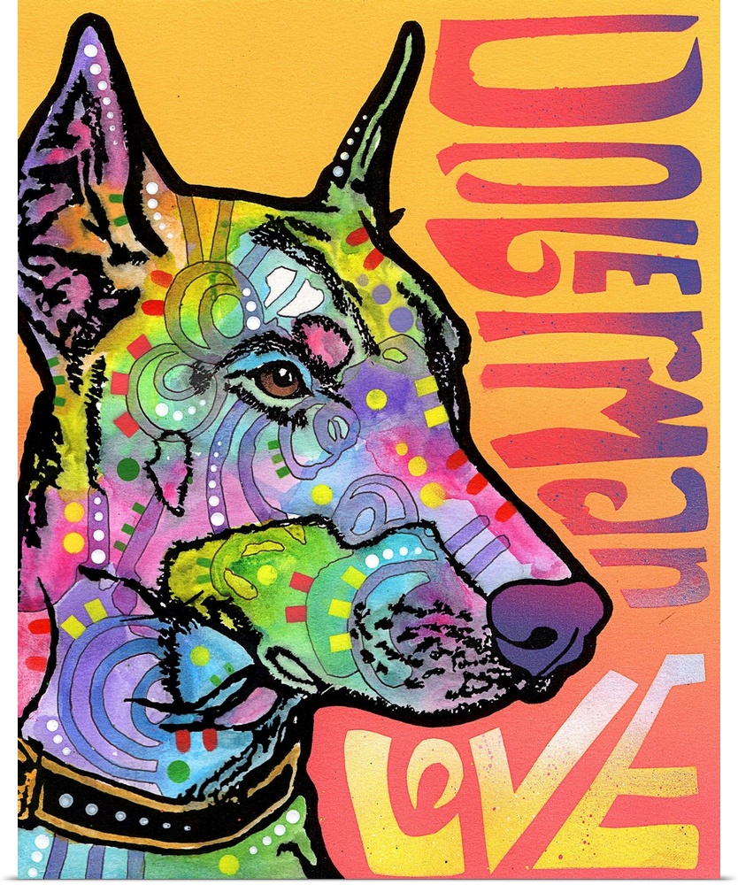 Colorful painting of a Doberman with graffiti-like designs on a pink and orange background with "Doberman Love" spray pain...