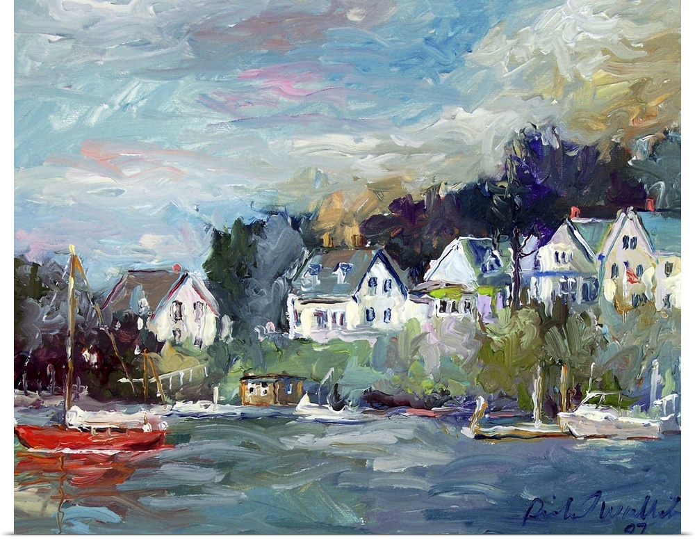 Contemporary painting of a small coastal town harbor.