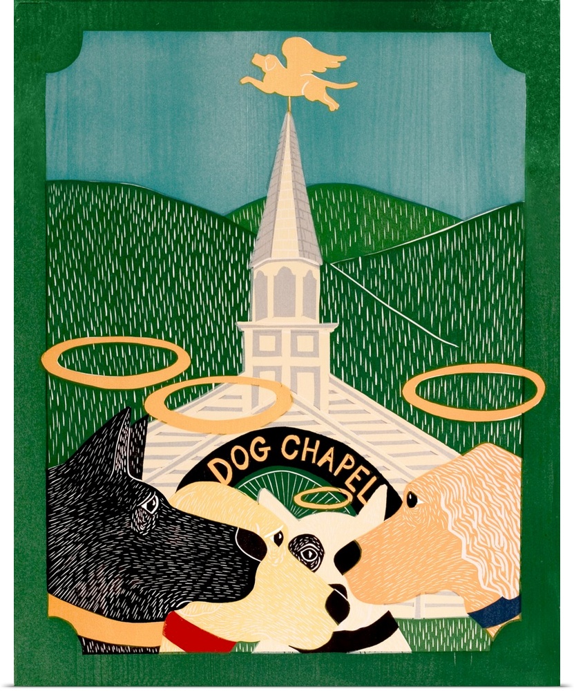 Illustration of different breeds of dogs with halos outside of a Dog Chapel.