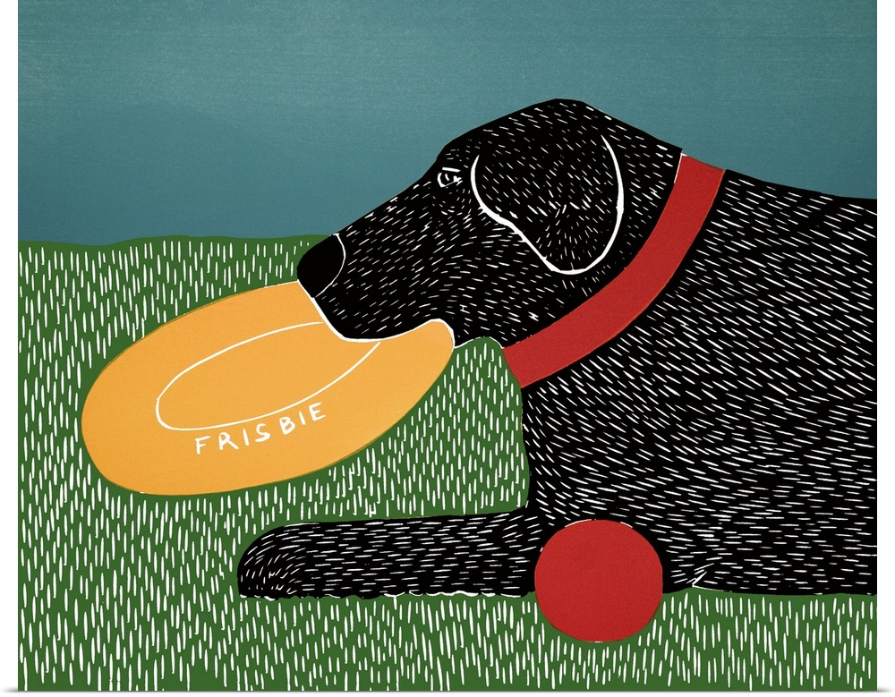 Illustration of a black lab holding a yellow frisbee in its mouth while laying next to a red ball.